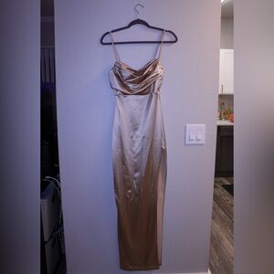 gold satin maxi dress with slit